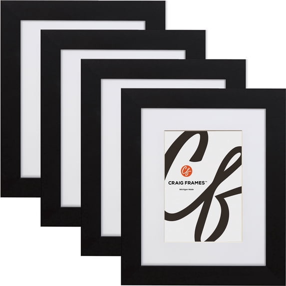 Craig Frames Bauhaus, Modern 1.25" Satin Black 12x12 Picture Frame, Matted to Display a 9x9 Artwork, Set of 4