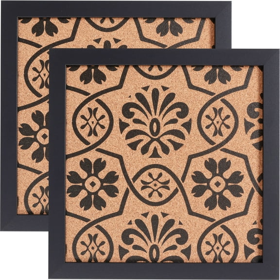 Craig Frames Decorative Cork Bulletin Board, 12x12 Inch, Black Frame with Floral Pattern, Set of 2