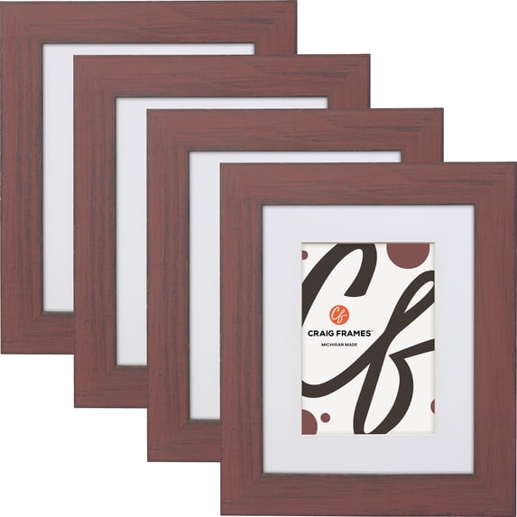 Craig Frames Jasper, 16x16 inch Country Faded Red Picture Frame Matted for a 12x12 Photo, Set of 4