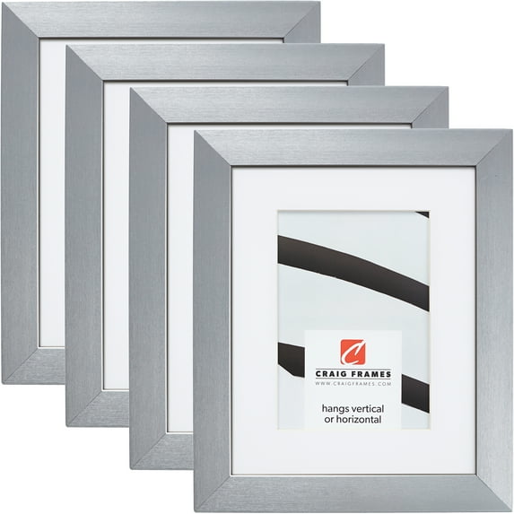 Craig Frames Modern Aesthetics 125, 10x13 inch Picture Frame Matted for a 7x10 Photo, Silver, Set of 4