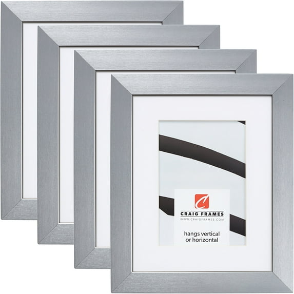 Craig Frames Modern Aesthetics 125, 8x12 inch Picture Frame Matted for a 5x7 Photo, Silver, Set of 4