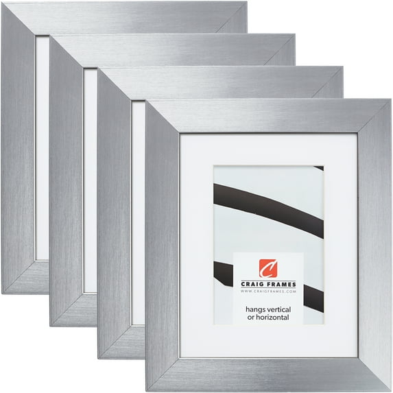 Craig Frames Modern Aesthetics 150, 8x12 inch Picture Frame Matted for a 5x7 Photo, Silver, Set of 4
