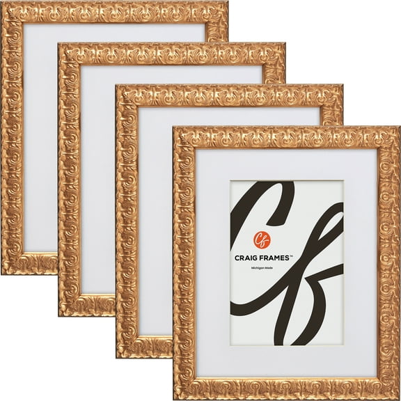 Craig Frames Versailles, 8x12 inch Gold Picture Frame Matted for a 5x7 Photo, Set of 4