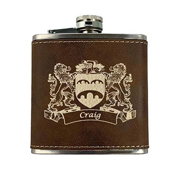Craig Irish Coat of Arms Leather Flask - Rustic Brown