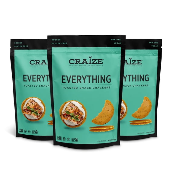 Craize Everything TI12 Crisps | Gluten Free, Vegan, Kosher, Toasted Corn Crackers | 3 pack, 4 oz each