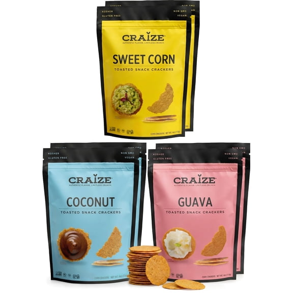 Craize Variety Pack | Sweet Corn x2, Coconut, Guava, Everything, Jalapeno Lime Crisps | Gluten Free, Vegan, Toasted Corn Crackers | 6 pack, 4 oz each