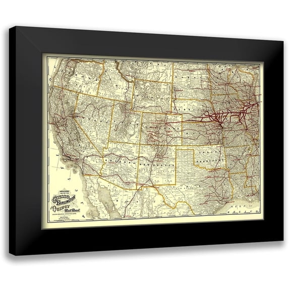 Cram 14x11 Black Modern Framed Museum Art Print Titled - Chicago, Burlington and Quincy Railroad 1881