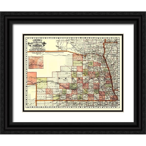 Cram 14x12 Black Ornate Wood Framed with Double Matting Museum Art Print Titled - Nebraska Railroads and Townships - Cram 1879