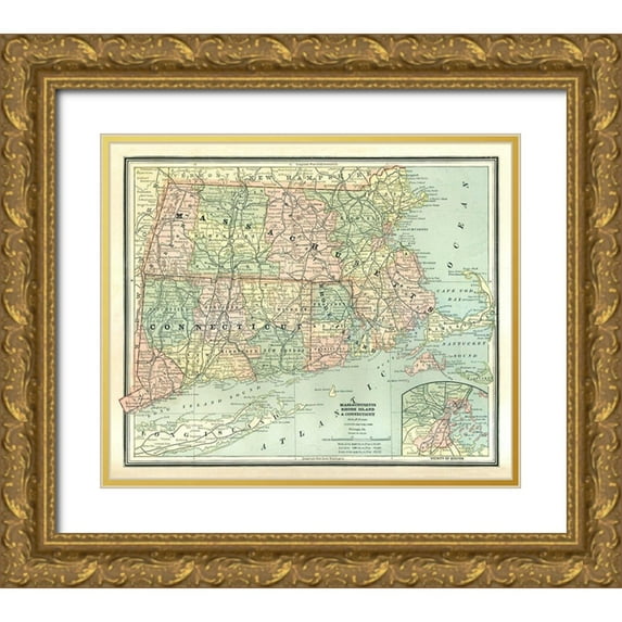 Cram 14x12 Gold Ornate Wood Framed with Double Matting Museum Art Print Titled - Massachusetts, Connecticut, Rhode Island