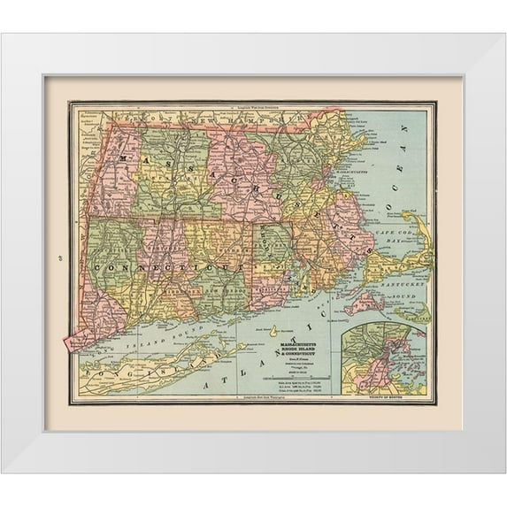 Cram 23x20 White Modern Wood Framed Museum Art Print Titled - Massachusetts, Rhode Island - Cram 1888