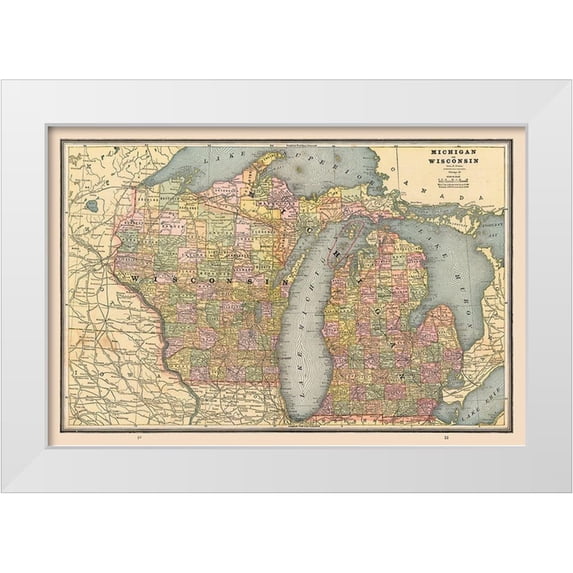 Cram 32x23 White Modern Wood Framed Museum Art Print Titled - Michigan, Wisconsin - Cram 1888