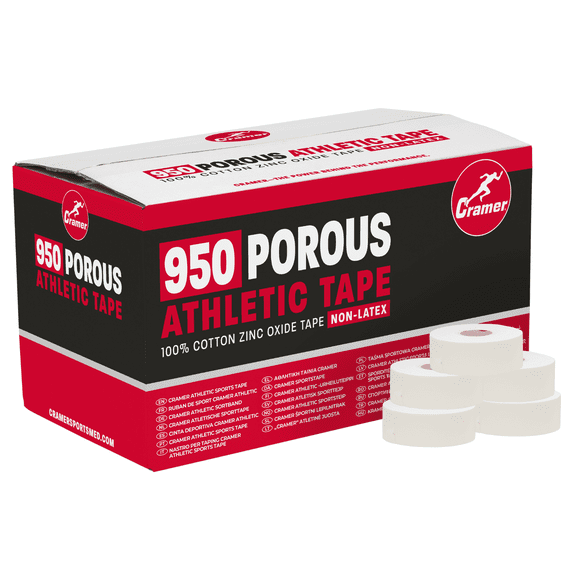 Cramer 950 Premium White Porous Athletic Tape, 1 x 15 Yards, Strong Adhesive Sports Tape, Easy Tear, Breathable Cotton, Latex-Free, Bulk Case of 48 Rolls for Ankle, Wrist & Injury Taping