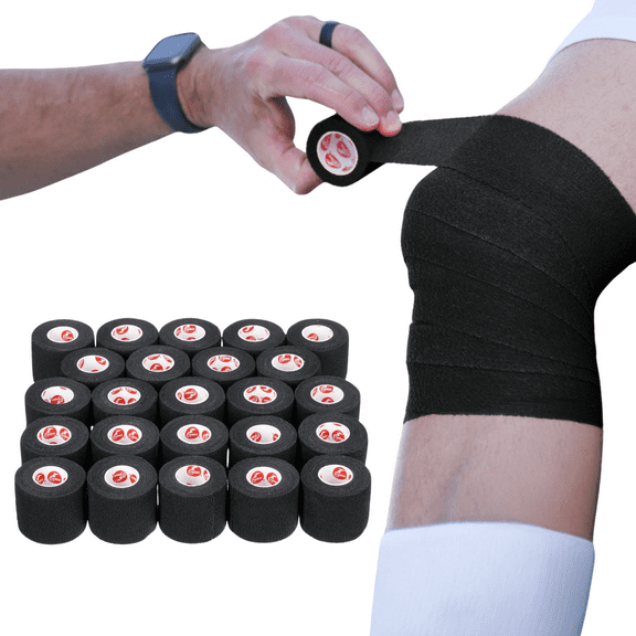 Cramer Eco-Flex Self-Stick Stretch Tape, Black, 2" x 6 yds, Cohesive Athletic Bandage, Athletic Trainer Flexible Sports Underwrap, Easy Tear Vet Wrap for Pets, Self Adhesive Bandage Roll, 24 Rolls