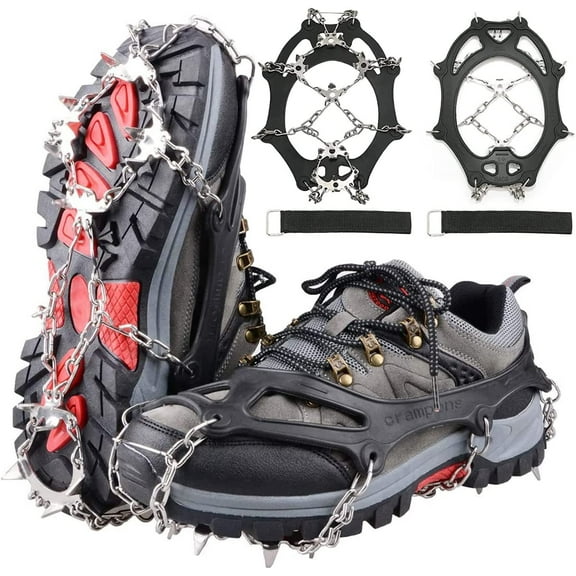 Crampons Ice Cleats, Ice Cleats for Shoes and Boots, Crampons for Hiking Boots ,Traction Cleats System with Chains for Women and Men, Ice Snow Grips with 24 Stainless Steel Spikes Climbing
