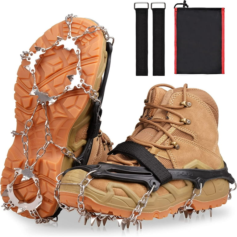 Crampons, Ice Cleats Snow Traction Grippers with 19 Stainless Steel Studs  for Hiking Boots and Shoes Men Women Kids Anti Slip Snow Chains with Straps