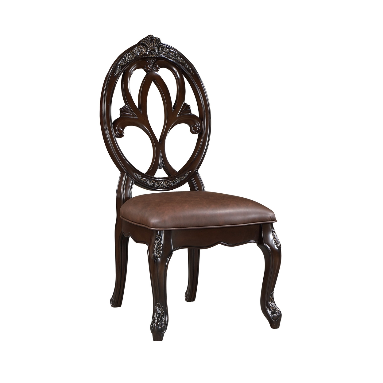 Cran 21 Inch Dining Side Chair, Carved Details, Faux Leather Seat ...