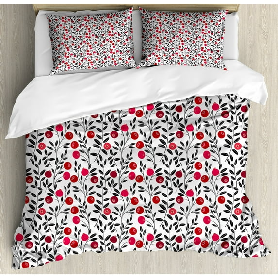 Cranberry Duvet Cover Set King Size, Foliage Berries with Leafage Field Gardening Fruits Yummy Taste Image, Decorative 3 Piece Bedding Set with 2 Pillow Shams, Ruby Maroon Black, by Ambesonne