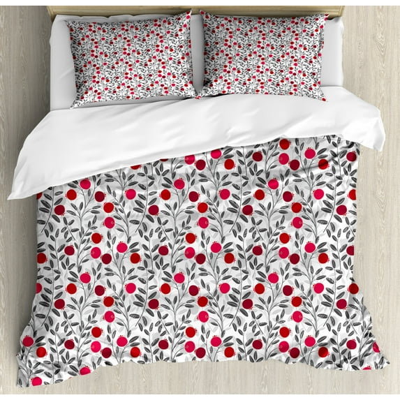 Cranberry Duvet Cover Set Queen Size, Delicate Spring Berry Field Foliage Herbs Mother Nature Inspiration, Decorative 3 Piece Bedding Set with 2 Pillow Shams, Grey Pink and Maroon, by Ambesonne