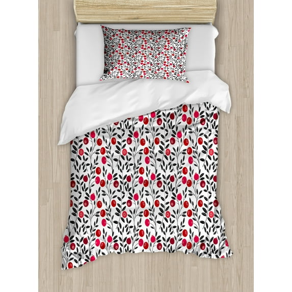 Cranberry Duvet Cover Set Twin Size, Foliage Berries with Leafage Field Gardening Fruits Yummy Taste Image, Decorative 2 Piece Bedding Set with 1 Pillow Sham, Ruby Maroon Black, by Ambesonne