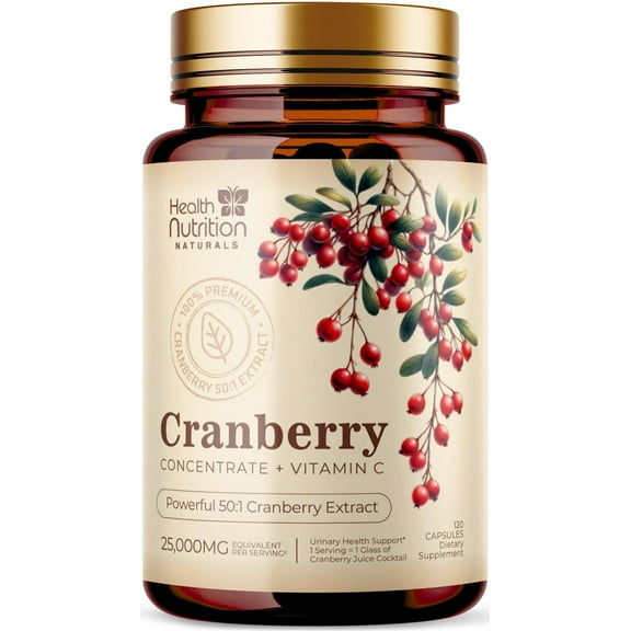 Cranberry Pills Supplement 25,000mg - Fresh Cranberry Equivalent Powder Extract with Vitamins C & E - Urinary Tract Health Support, Cran Berry Fruit, Sugar Free Formula, Bottled in USA - 120 Capsules
