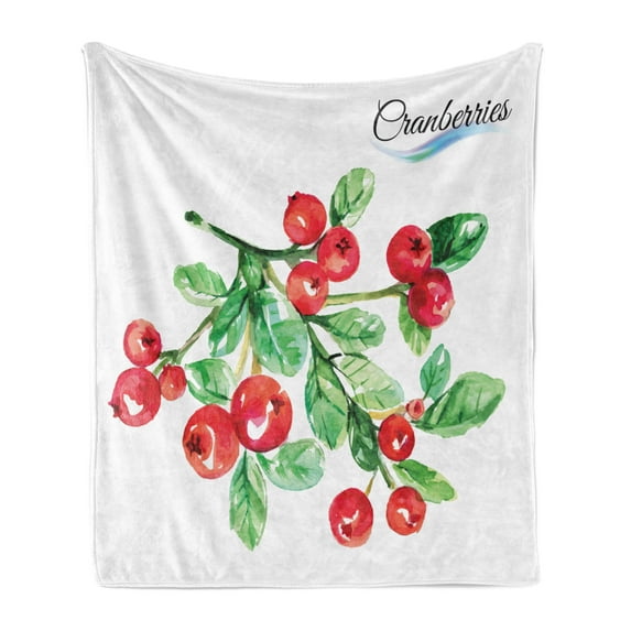 Cranberry Soft Flannel Fleece Blanket, Fruit Berry Diet Fresh Botanical Nature Healthy Taste Flourishing Watercolor, Cozy Plush for Indoor and Outdoor Use, 50" x 60", Green Vermilion, by Ambesonne