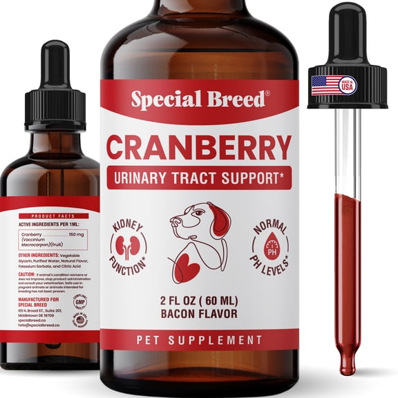 Cranberry Supplement for Dogs - Cranberry Extract for Dogs - Urinary Tract and Bladder Support - Kidney and Urine pH Support - Liquid Drops for Dogs and Cats - Bacon Flavor - 2 oz