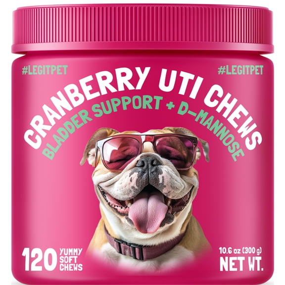 Cranberry UTI Chews for Dogs Bladder Suppot + D-Mannose Supports Kidney Urinary Tract and Bladder Health Natural Cranberry Wellness Supplement Immune System Booster Natural Pet Antioxidant 120 Chews