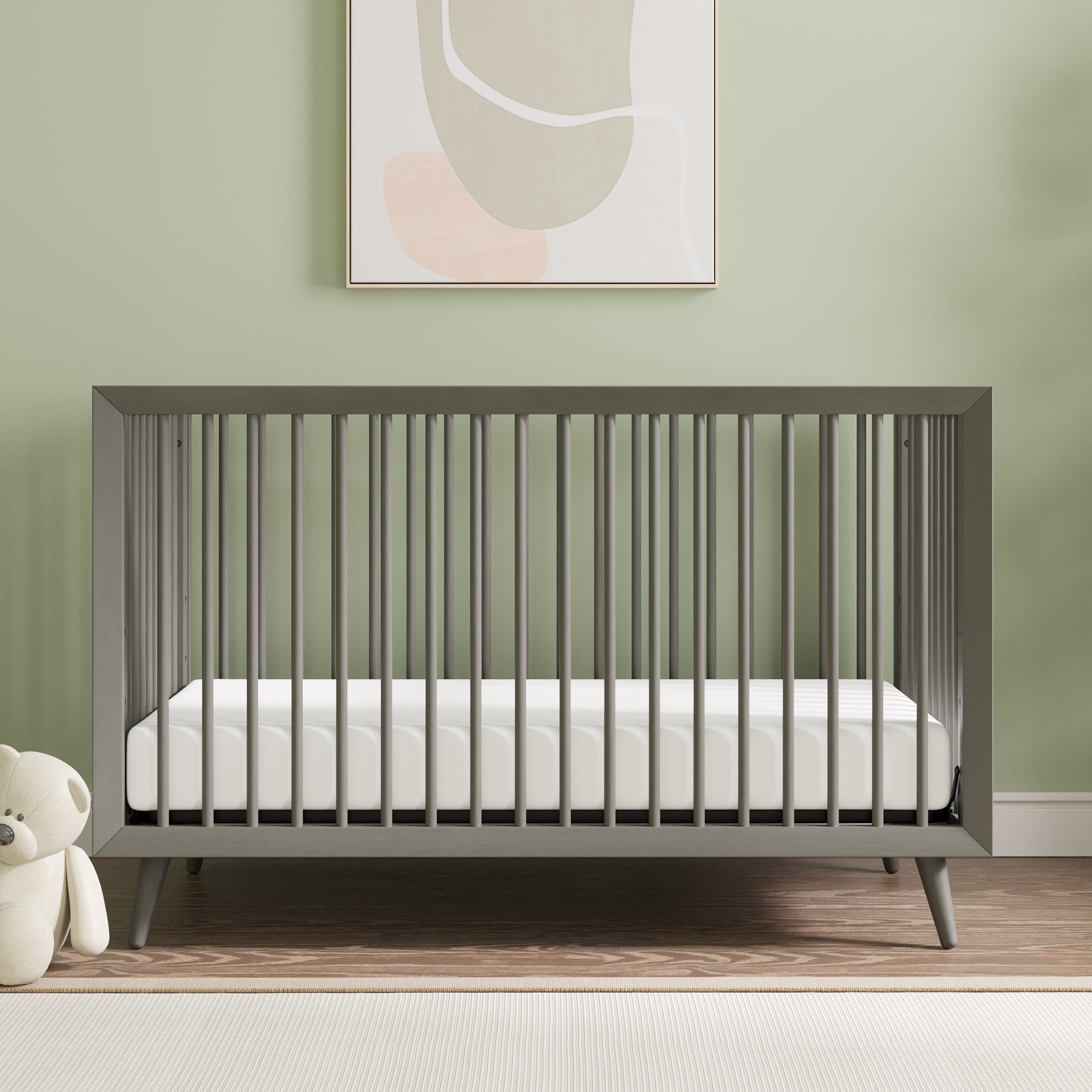 Lunar Gray Pine Wood Mid-Century Modern Convertible Crib