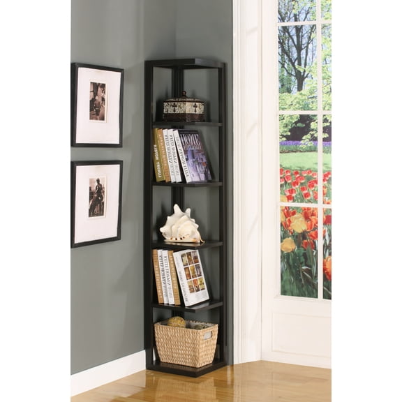 Crandall 5 Tier Corner Wall Bookcase (Bookshelf), Espresso Wood, Contemporary