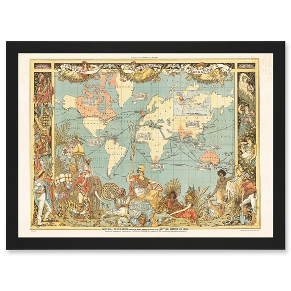 Crane 1886 Pictorial Map British Empire World Colonial Brittania Artwork Framed Wall Art Print A4