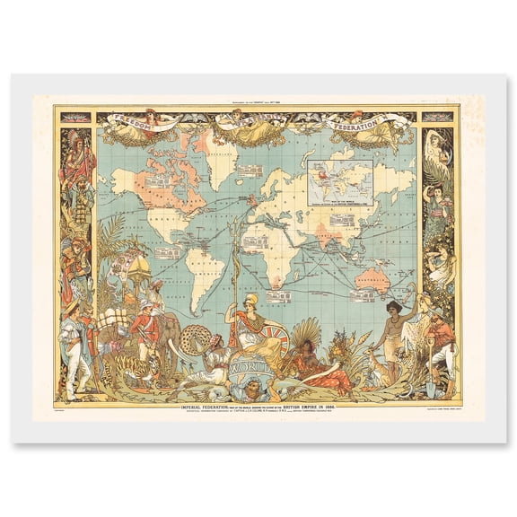 Crane 1886 Pictorial Map British Empire World Colonial Brittania Artwork Framed Wall Art Print A4