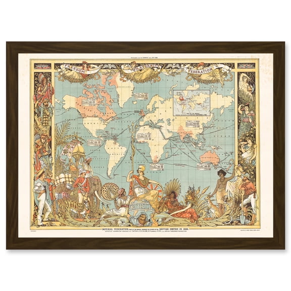 Crane 1886 Pictorial Map British Empire World Colonial Brittania Artwork Framed Wall Art Print A4