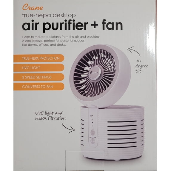Crane 2-in-1 Air Circulating Desk Fan with Integrated Air Filter – Quiet Tabletop Fan for Bedroom, Office, or Dorm