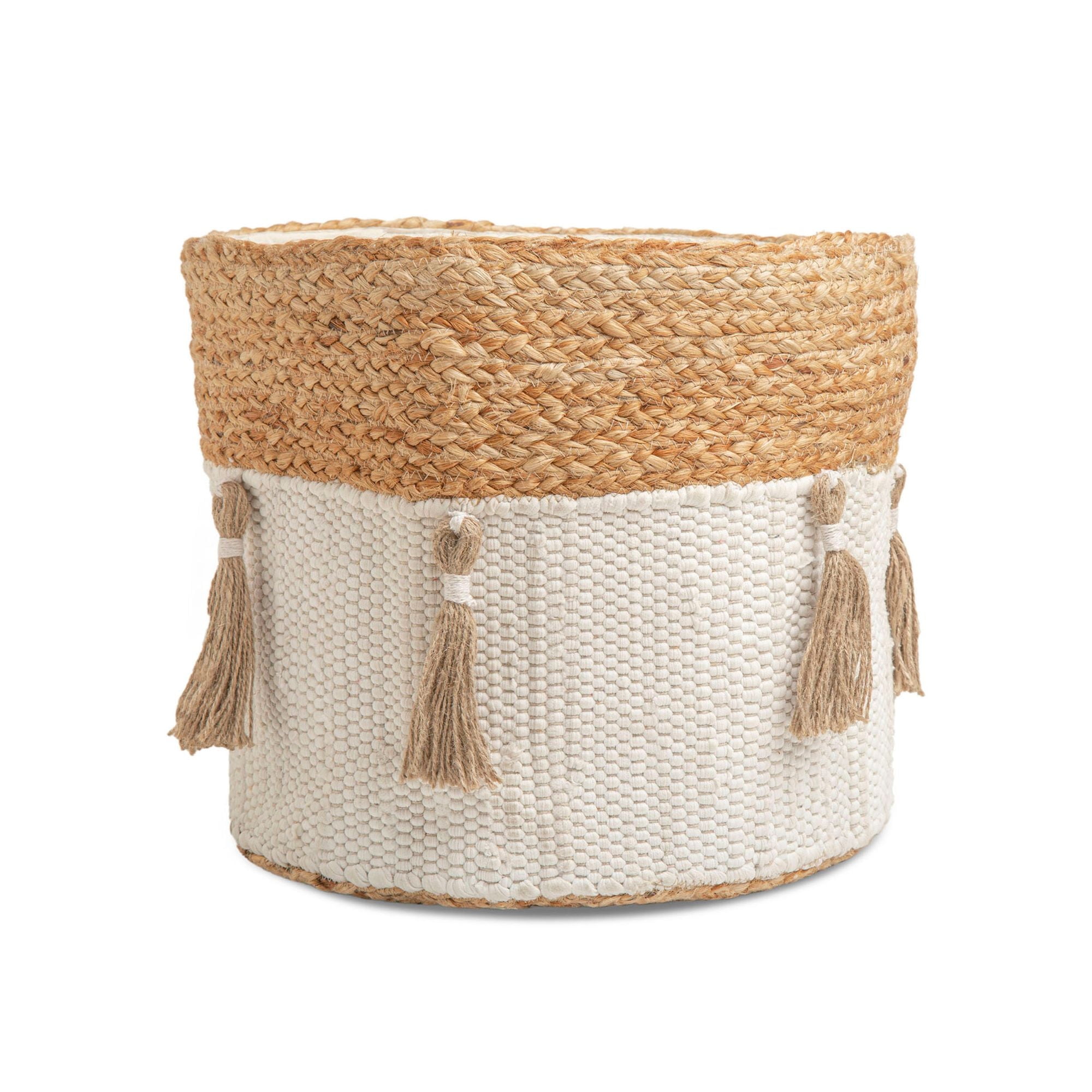 Round Cotton and Jute Boho Storage Bin with Tassels