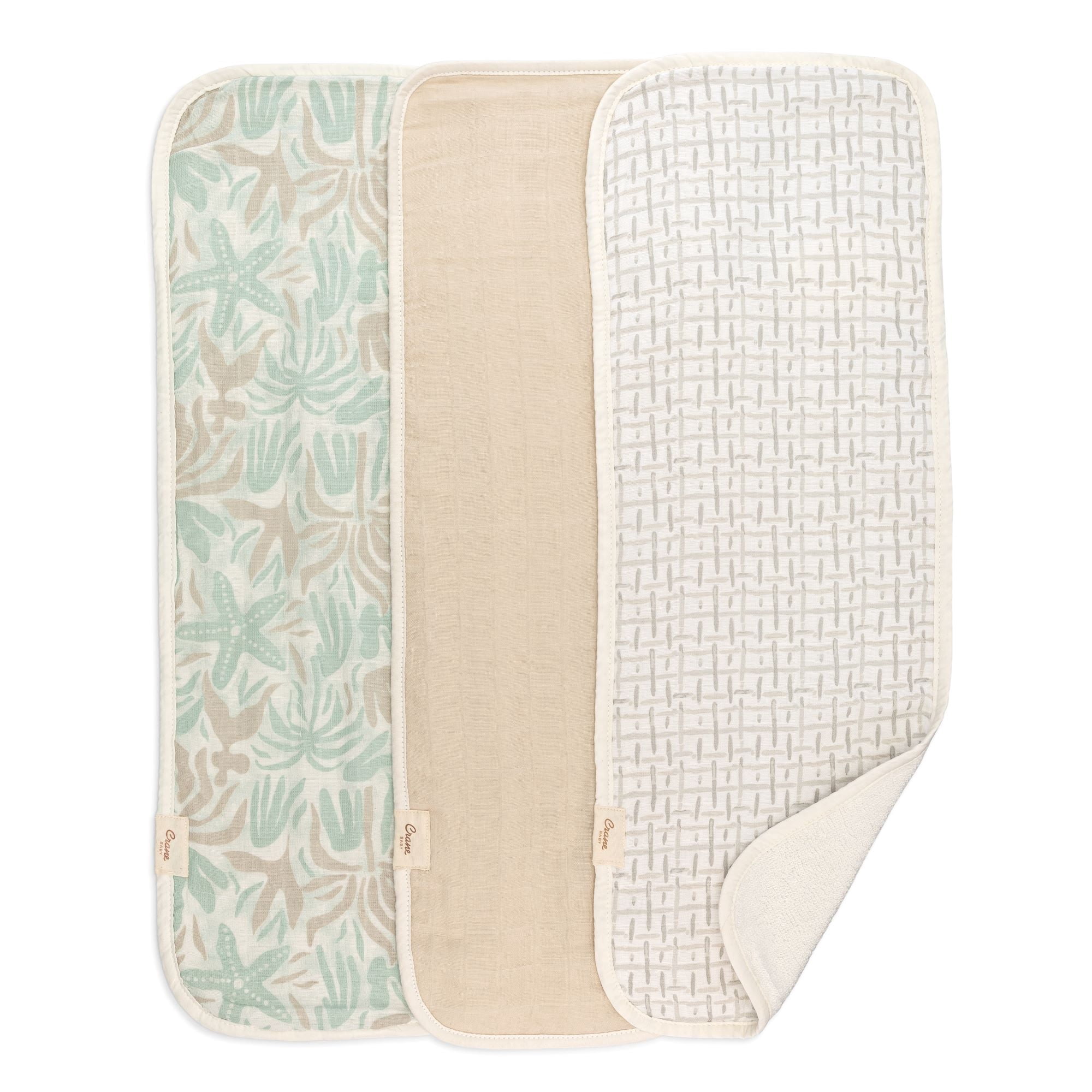 Crane Baby Muslin Baby Burp Cloths, Lightweight Absorbent Burp Cloth, Beach Life Starfish, Set of 3, 7” x 20”, Newborn Baby Essentials, Burp Cloths Baby Boy, Burp Cloths Baby Girl, Newborn Essentials