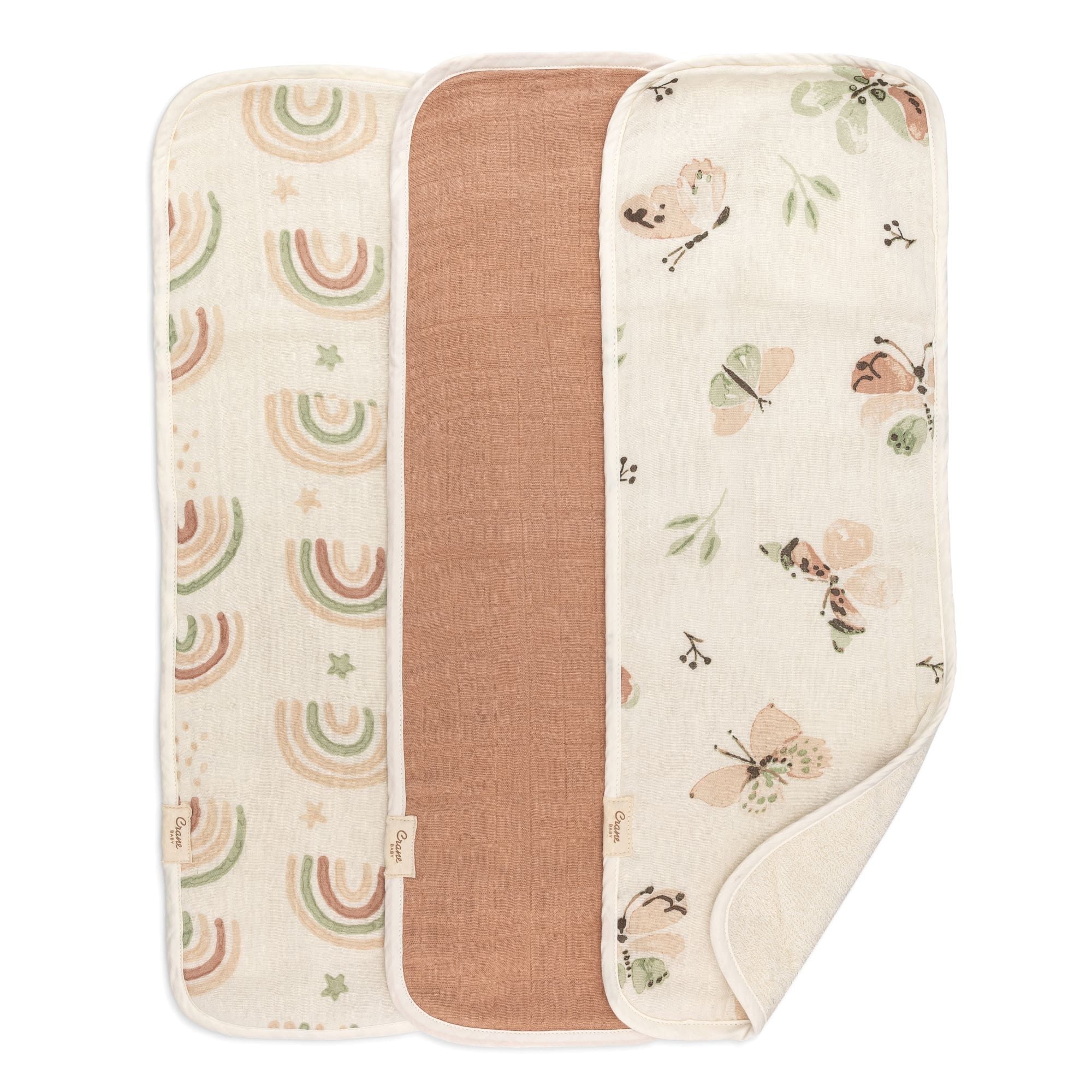 Crane Baby Muslin Baby Burp Cloths, Lightweight Absorbent Burp Cloth, Rainbow/Butterfly, Set of 3, 7” x 20”, Newborn Baby Essentials, Burp Cloths Baby Boy, Burp Cloths Baby Girl, Newborn Essentials