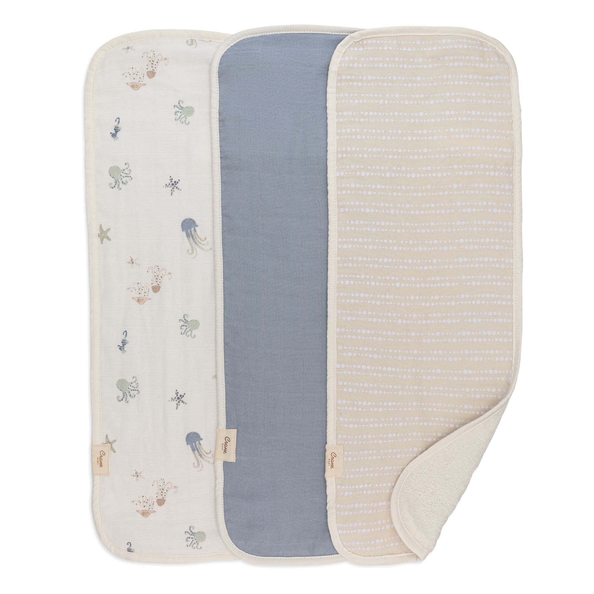 Crane Baby Muslin Baby Burp Cloths, Lightweight Absorbent Burp Cloth, Sea Life Jellyfish, Set of 3, 7” x 20”, Newborn Baby Essentials, Burp Cloths Baby Boy, Burp Cloths Baby Girl, Newborn Essentials