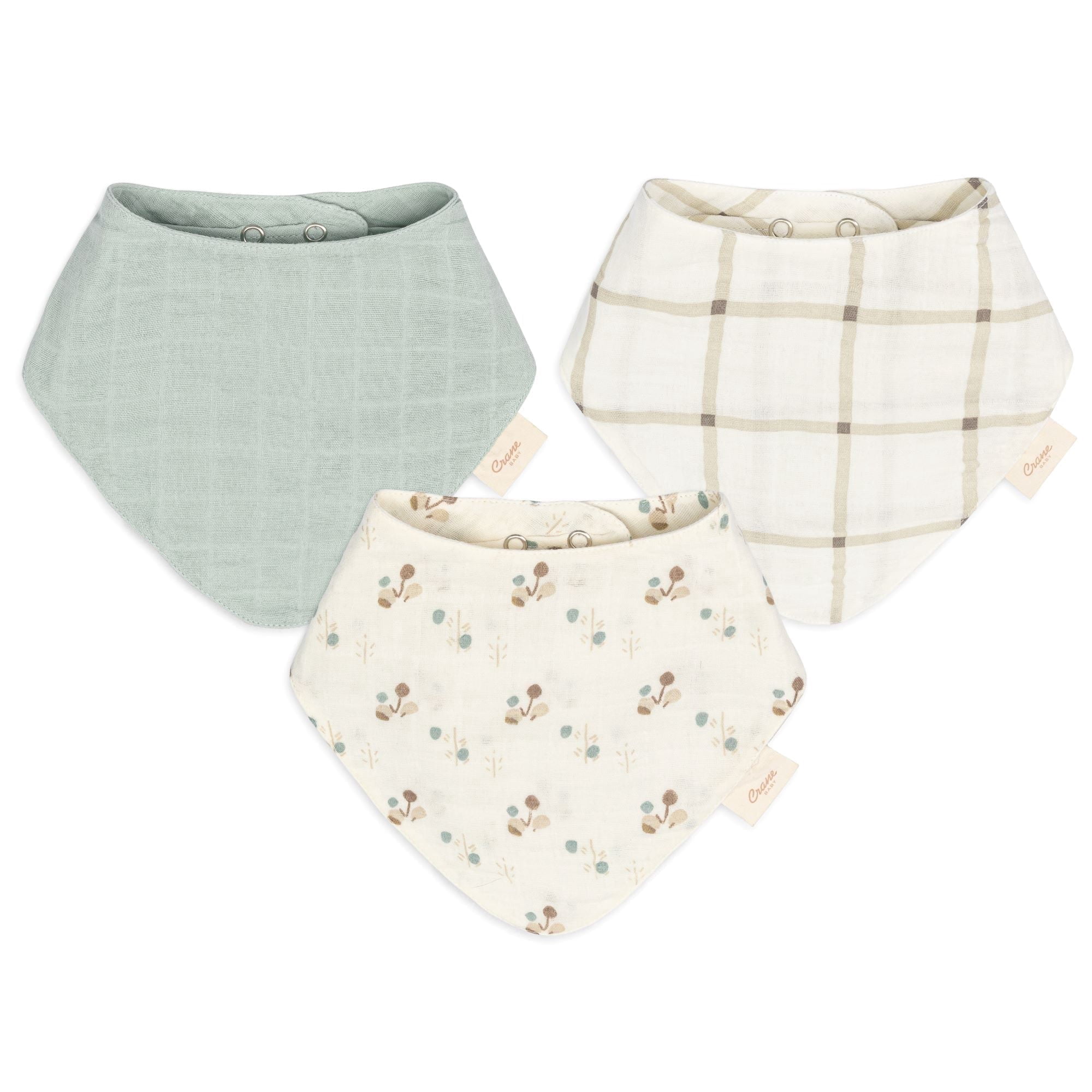 Crane Baby Organic Cotton 3-Piece Adjustable Fit Bandana Baby Bib Set, White, Unisex Baby Bibs