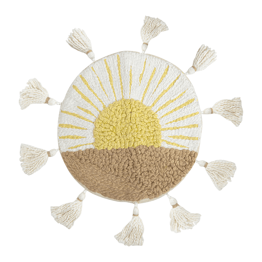 Round Embroidered Sunshine Kids Pillow with Tassels