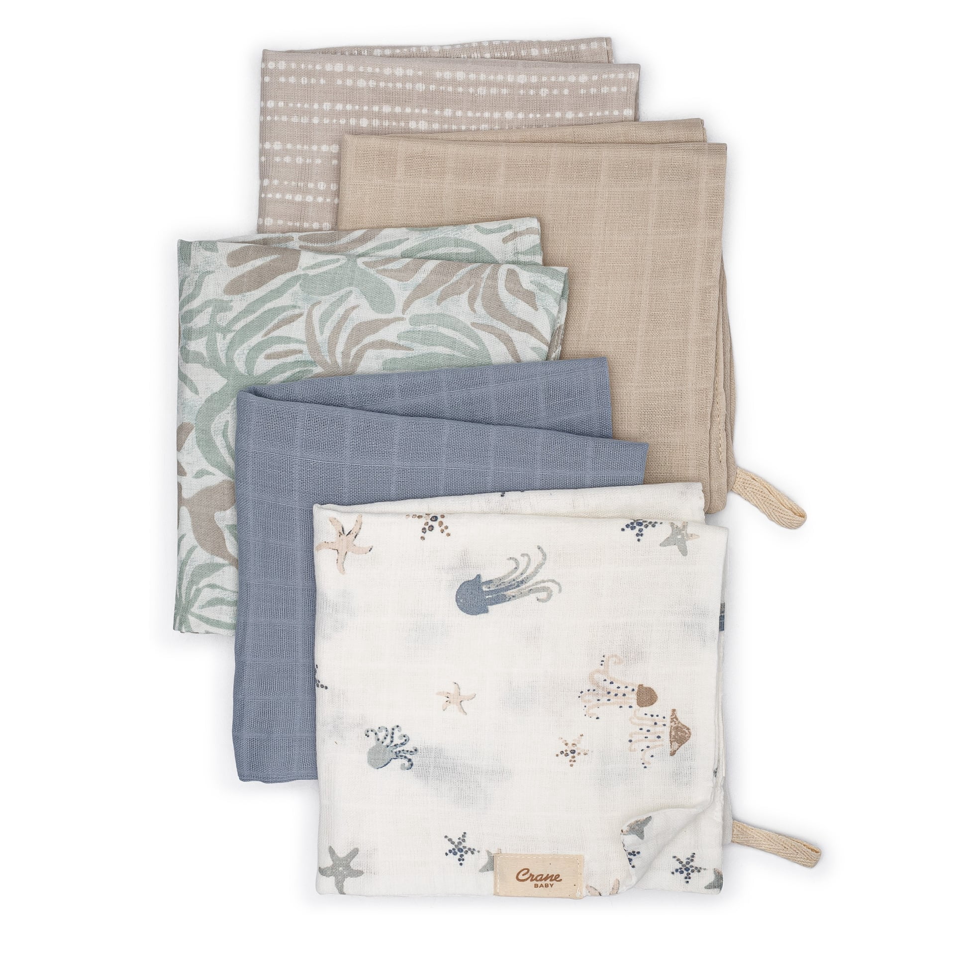 Crane Baby Wash Cloth Set, 100% Cotton Baby Washcloths, Set of 5 Baby Washcloths, Sea Life Starfish Theme, Baby Washcloths For Newborn, Muslin Baby Washcloths, Newborn Baby Gift, Baby Registry Gift