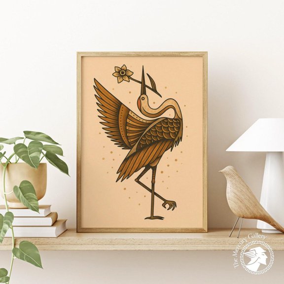 Crane Bird Poster, Daffodil Floral Art Print, Elegant Minimal Nature UNFRAMED Poster, Wall Art for Decor, Present, 24x36