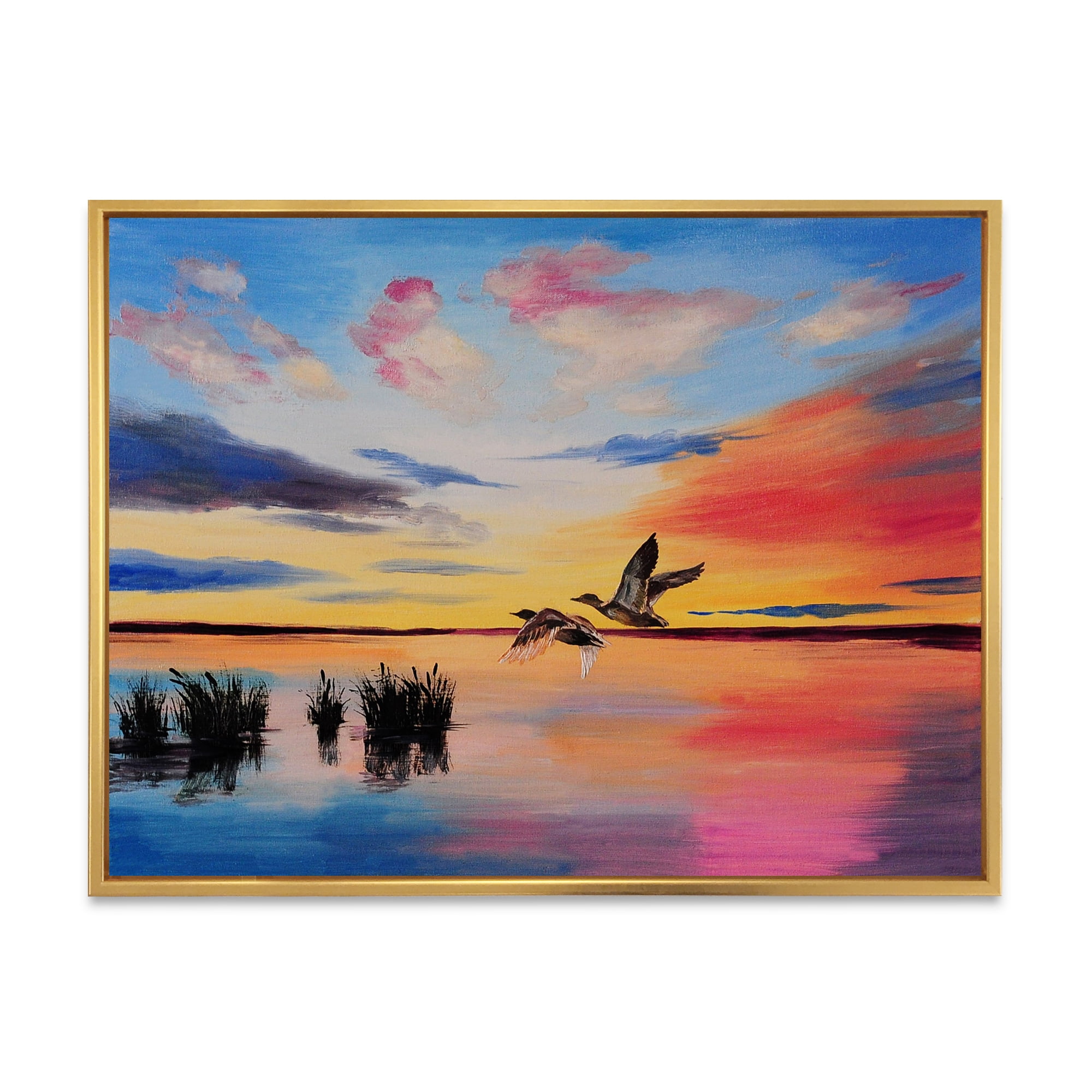 Crane Birds Flying During Colorful Sunset 32 in x 16 in Framed Painting Canvas Art Print, by Designart
