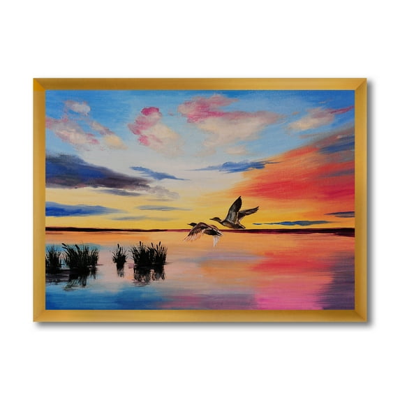 Crane Birds Flying During Colorful Sunset 32 in x 24 in Framed Painting Canvas Art Print, by Designart