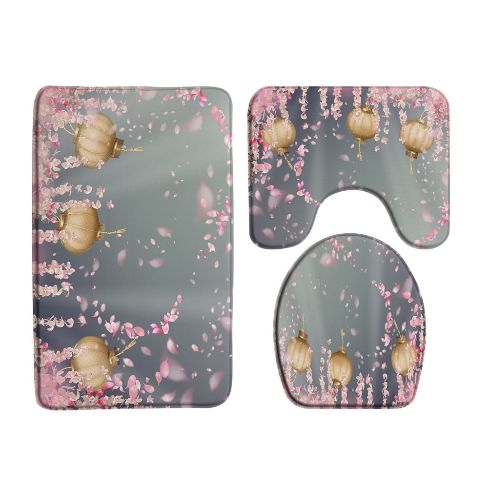 Crane Butterfly Bird 3pcs Bath Mat Set Pink Flower Branch Chinese Style