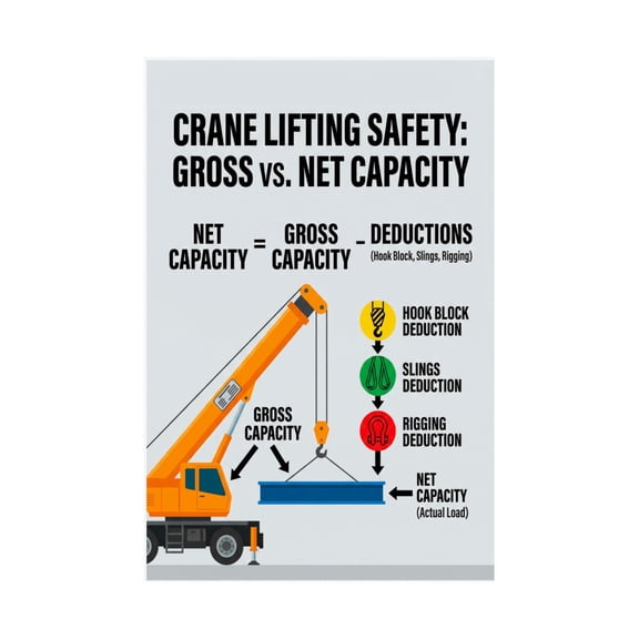 Crane Capacity Poster Gross vs Net Load Chart for Lifting Operations Training Center Jobsite Decor