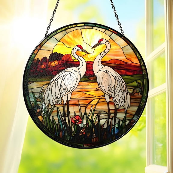 Crane Couple Stained Glass Suncatcher Romantic Bird Window Hanging Nature Home Decor Sunset Lake Glass Art Gift