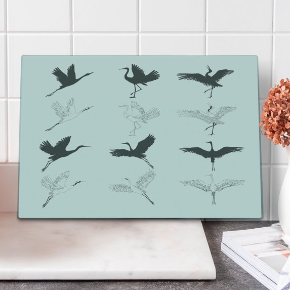 Crane Cutting Board, Greyscale Bird Drawings from Different Sides Outline and Silhouette Pattern Print, Decorative Tempered Glass Cutting and Serving Board, in 3 Sizes, by Ambesonne