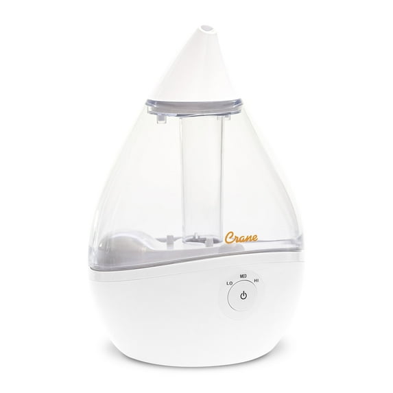 Crane Droplet Ultrasonic Cool Mist Humidifier, 0.5 Gallon, 15 Hour Run Time, Optional Vapor Tray, 250 Sq. Ft. Coverage, Clear/White