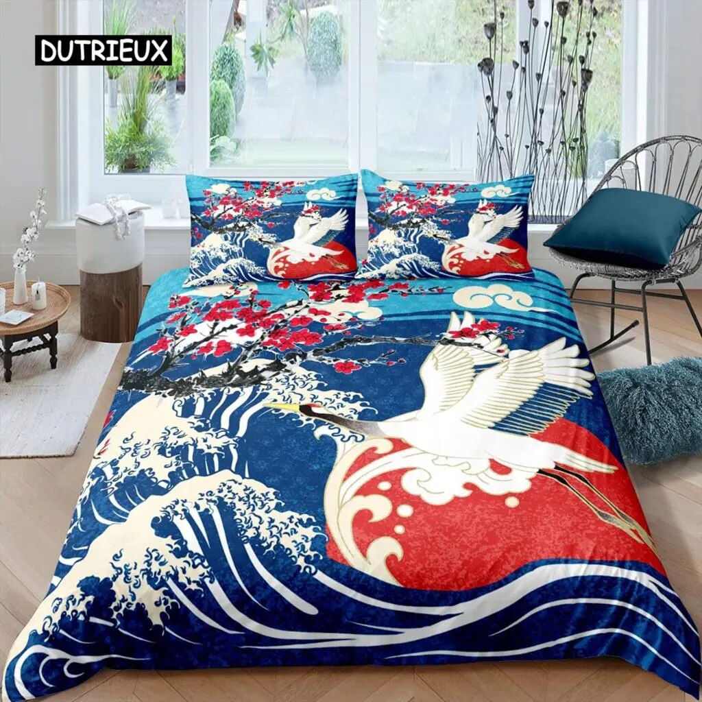 Crane Duvet Cover Set Queen Size JapaneseStyle Bedding Set Cherry