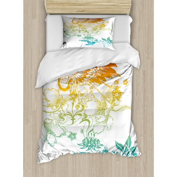 Crane Duvet Cover Set Twin Size, Oriental Bird Flowers on Stalks Asian Symbolism with Ombre Effect, Decorative 2 Piece Bedding Set with 1 Pillow Sham, Teal Orange Vermilion Yellow, by Ambesonne